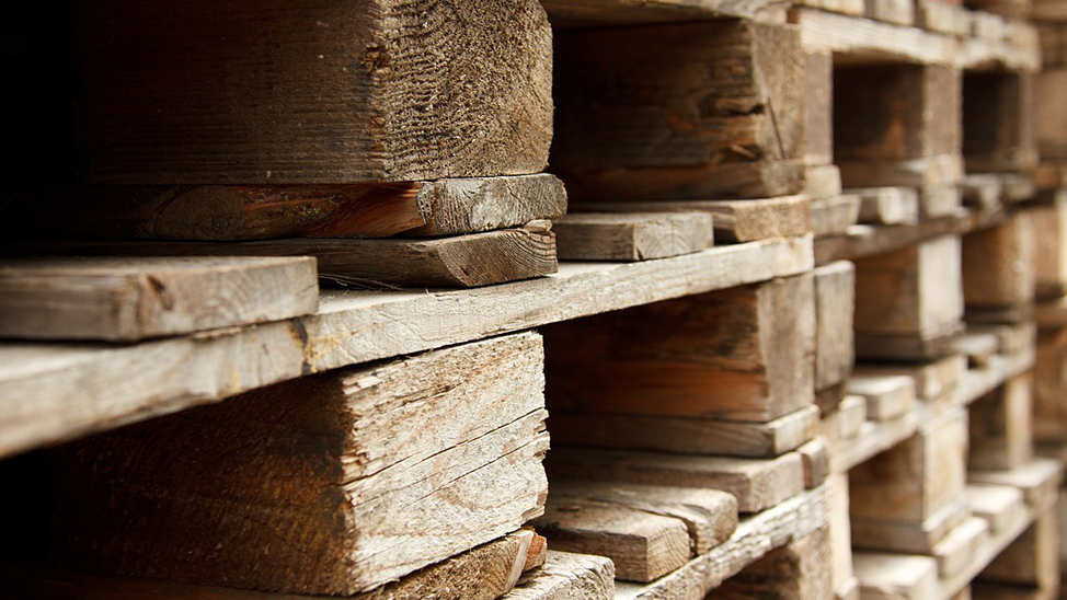 Stacked shipping pallets.