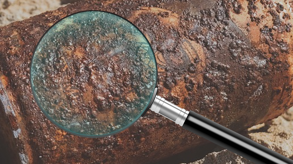Magnifying glass over corrosion.