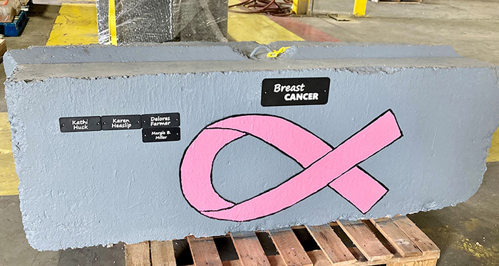 Johns Manville employees  in Richmond, Indiana, paint ribbons on pedestrian barriers to call attention to issues affecting family, friends and one another.