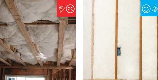 The pictures above show a Grade I installation with fiberglass (left) and spray foam (right).