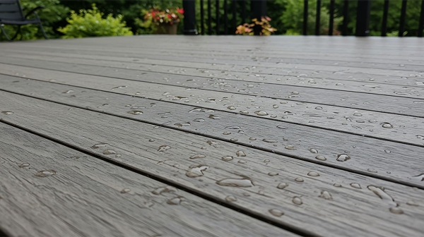 Wet‑weather view of composite decking, showing the real‑world conditions targeted by fiberglass‑reinforced PE boards.